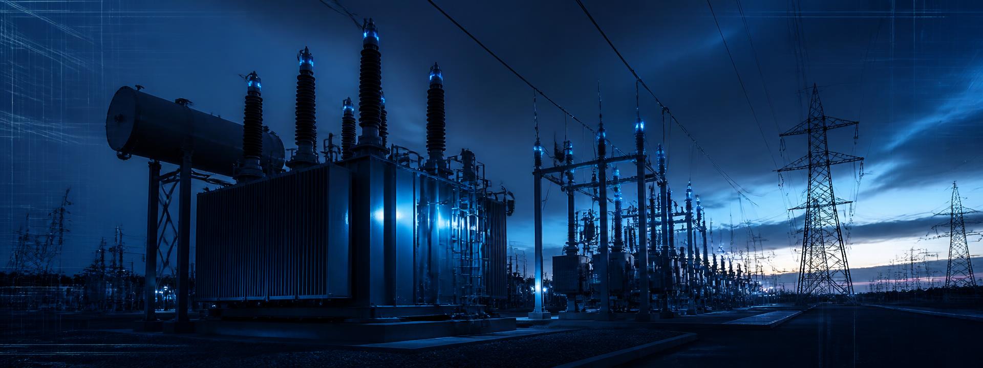 Высоковольтная подстанция 110 кВ на закате — объекты энергетической инфраструктуры